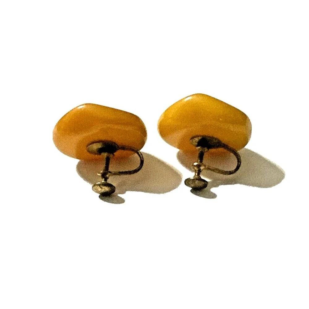Vintage Bakelite Earrings Butterscotch Yellow Button Screw Back Mid Century 1”